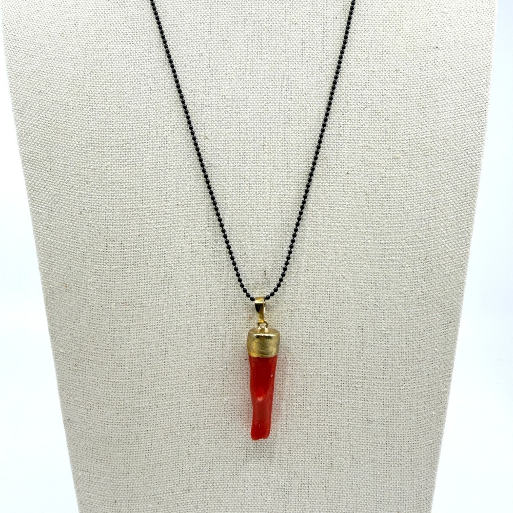 Vintage Faux Coral Branch Pendant Necklace with Black Ball Chain